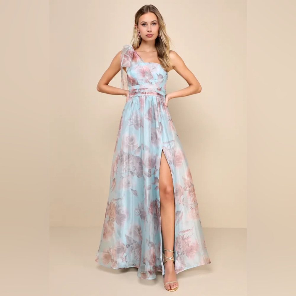 Dramatically Lovely Blue Floral One-Shoulder Maxi Dress